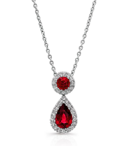 0.70CTW PS/BR RUBY/ 14KWG BR .010CTW DROPLET PENDANT
