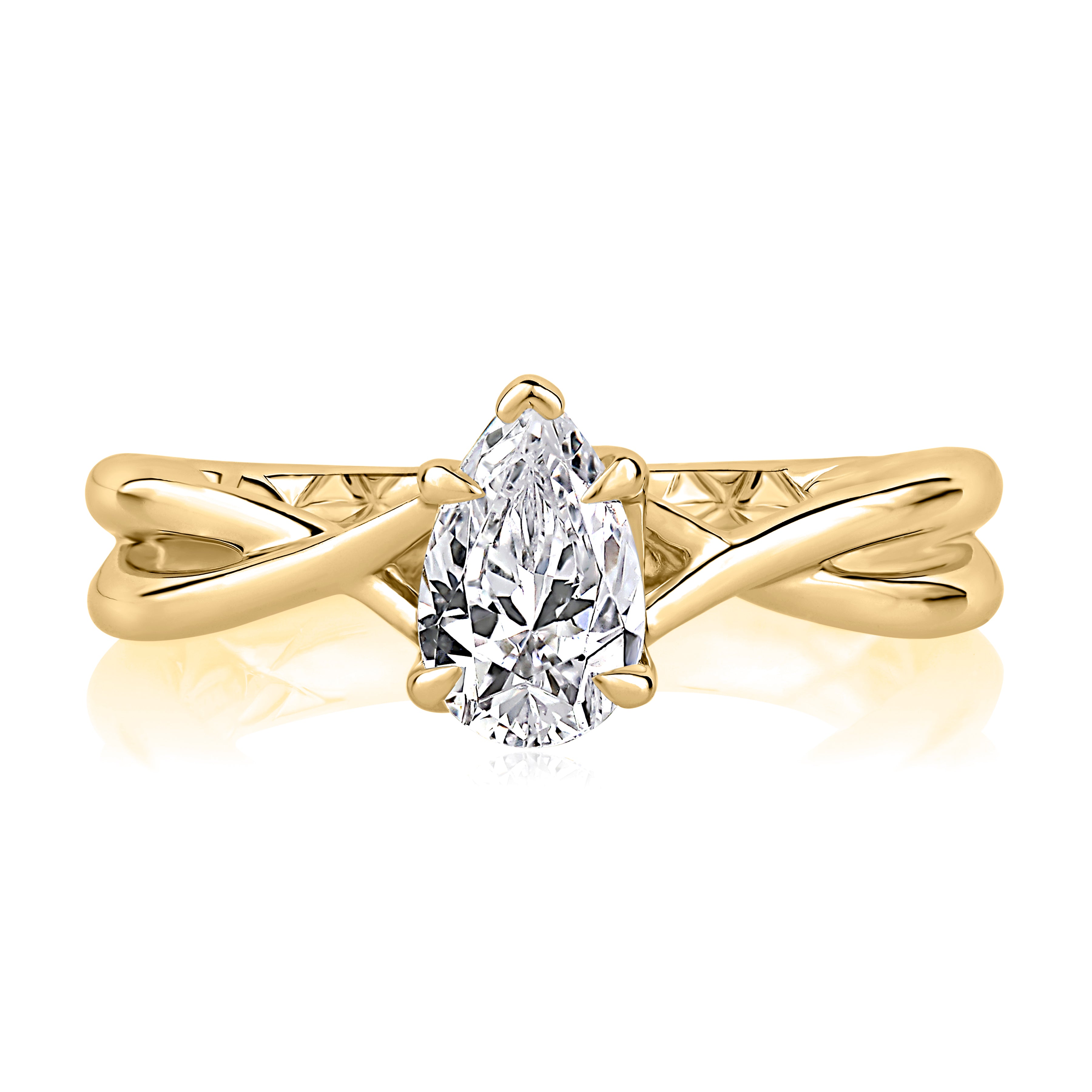 14KWG HIGH POLISH SPLIT SHANK ENG RING.  1 CT PEAR SHAPE CENTER