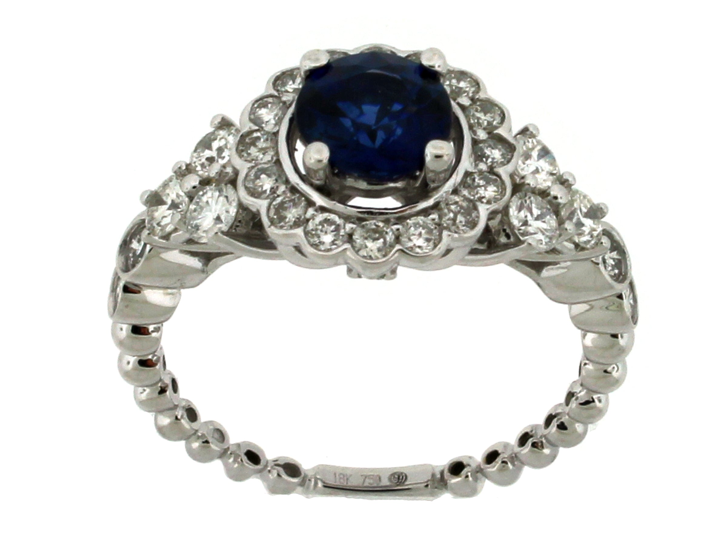 18KWG 0.86CTW BR DIA 1.04CTW SAPPHIRE CENTER HALO FLOWER DESGN RING