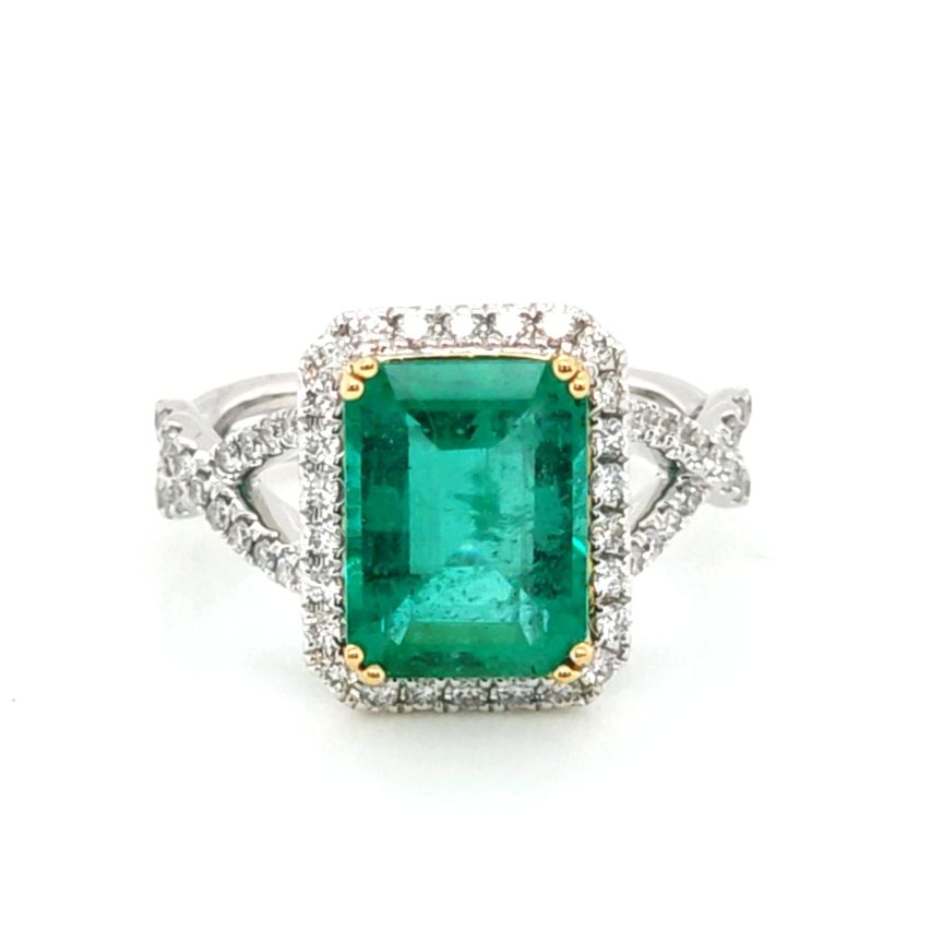 18KW/YG 2.33CT EMERALD 0.49CTW BR DIA HALO AND TWISTED BAND