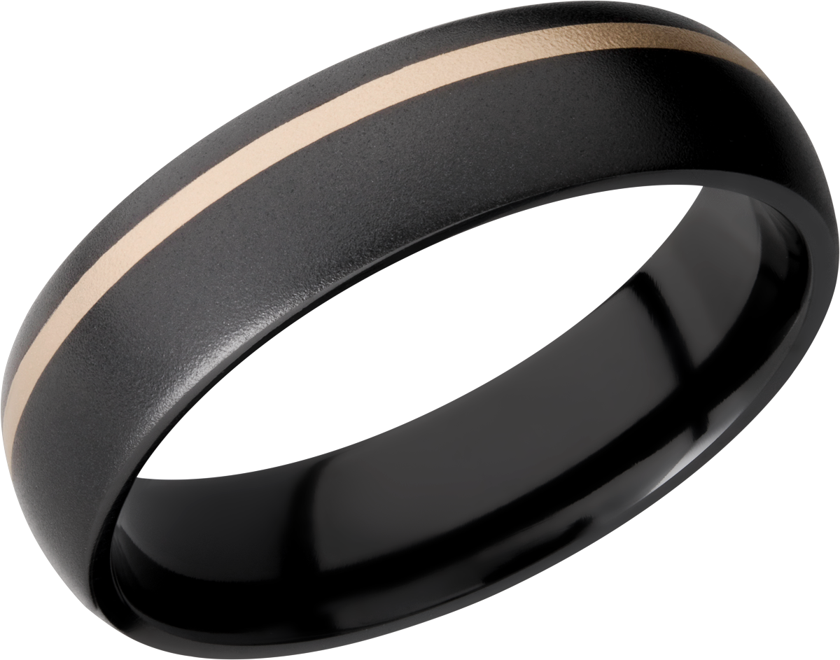 Black Zirocnium 6mm domed band with one inlay that is one mm wide, of 14k yellow gold. BEAD/BEAD