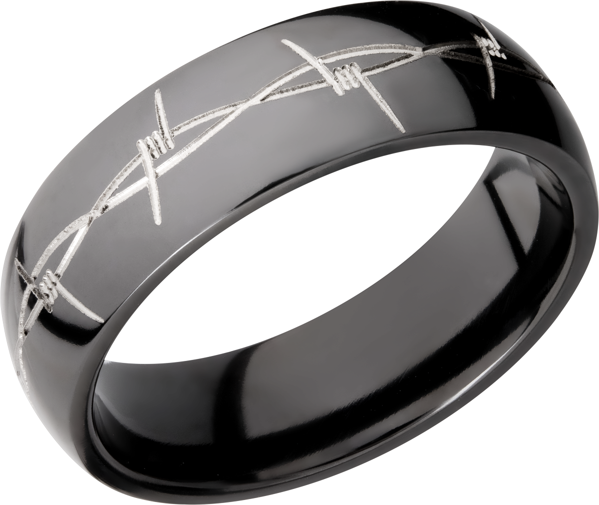 Black zirconium 7mm domed band with a Barb wire pattern milled into the center of the band. ANGLE S