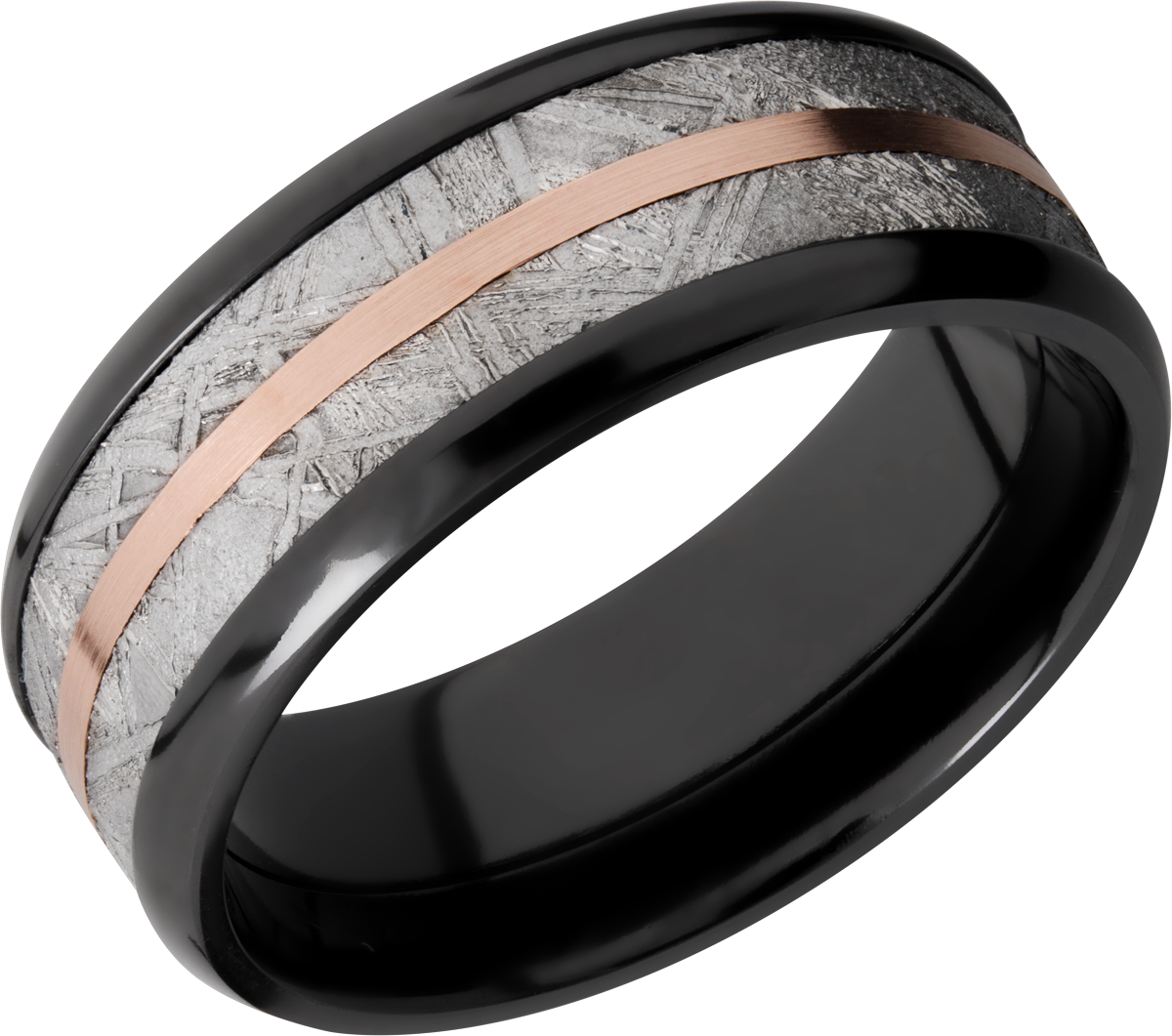 Black zirconium 8mm beveled edge band with one inlay that is 5mm wide of hardwood. (NS)= no step PO
