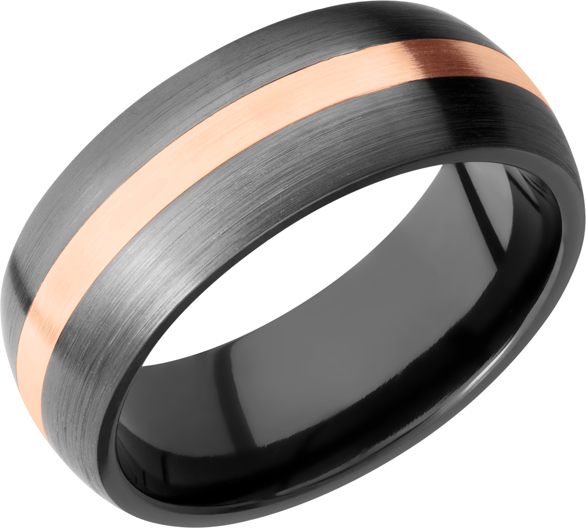 Black zirconium 8mm domed band with one inlay that is 2mm wide of 14k rose gold. SATIN/SATIN