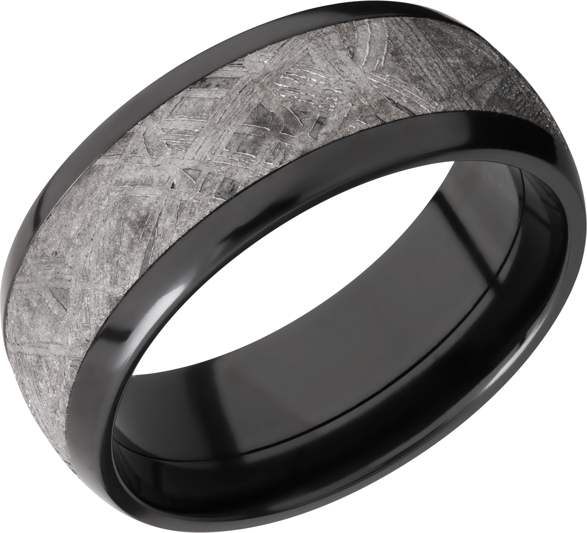 Black zirconium 8mm domed band with one inlay that is 5mm wide of meteorite. POLISH
