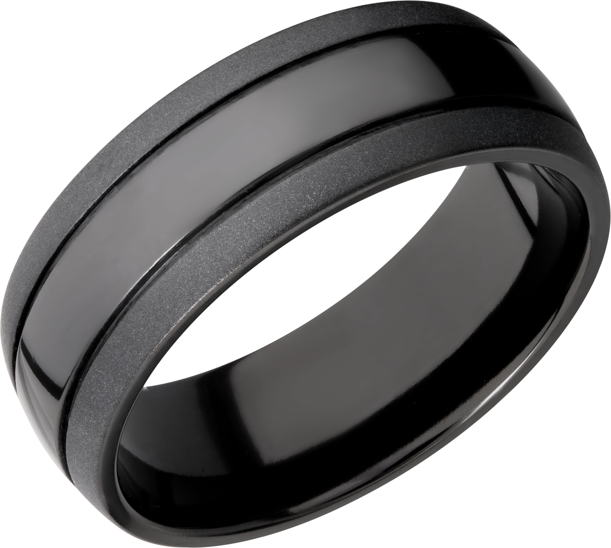 Black zirconium 8mm domed band with two grooves that are each 0.5mm wide spaced out over the top. P