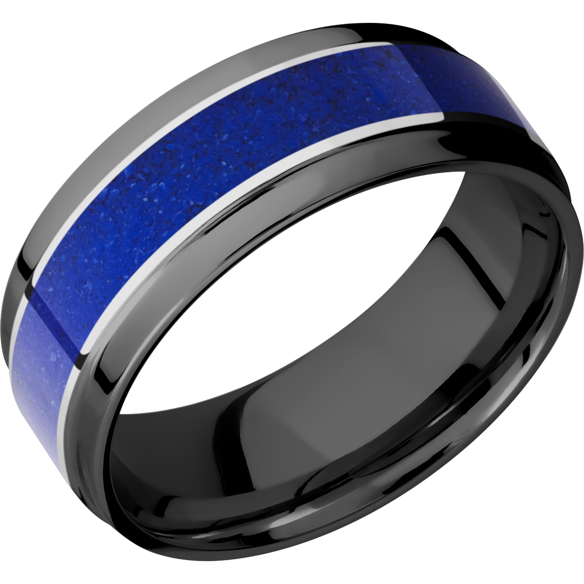 Black zirconium 8m flat band with wide grooved edges, with one inlay that is 4mm wide of the mosaic