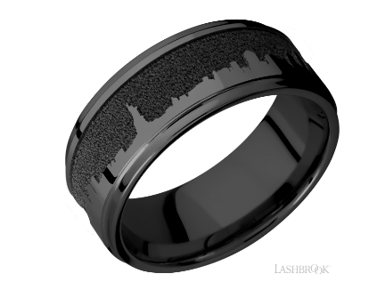 Zirconium 9mm wide flat with grooved edges with silver laser carved Las Vegas Skyline MENS BAND