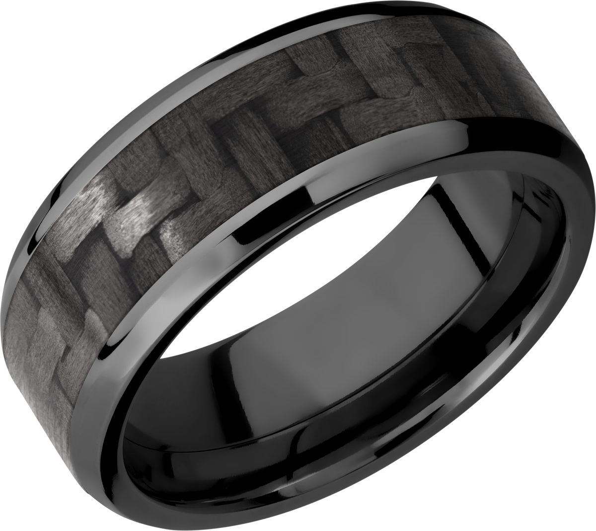 Black zirconium 8mm beveled edge band with one inlay that is 5mm wide of black carbon fiber. POLISH